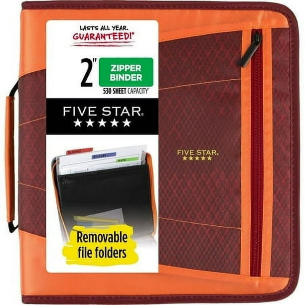 FIVE STAR Zipper Binder Plus File Folders, Crimson Mesh, 2 Count