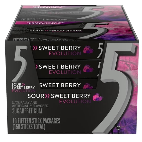 5 GUM Evolution Sour to Sweet Berry Flavor Changing Sugar Free Chewing Gum, 15-Stick Pack, 10 Count