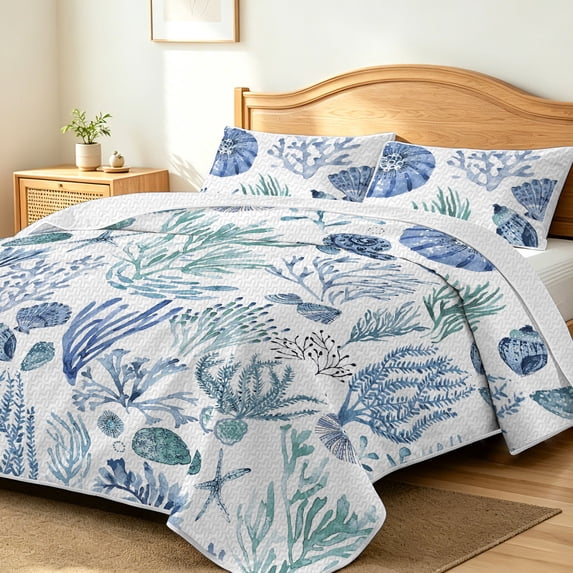FIVERAM Coastal Quilt Set King Size,3 Piece Ocean Bedspread for King Bed,Nautical Bedding Set Lightweight Coverlet for Beach House Bedroom Decor