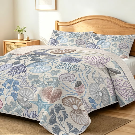FIVERAM Coastal Quilt Set King Size,Lightweight Seashell Starfish Bedspread,Nautical Ocean Bedding Set,King Coverlet for Beach House Bedroom Decor