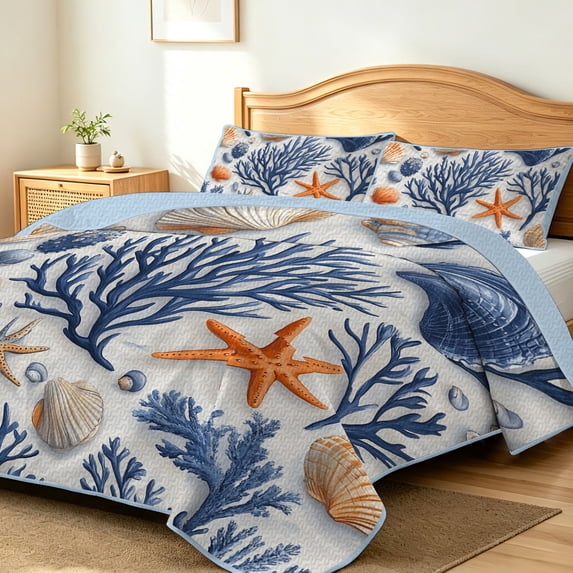 FIVERAM Coastal Quilt Set Twin Size,2 Piece Nautical Ocean Coral Bedspread,Lightweight Seashell Coverlet Bedding Set for Beach House Bedroom Decor