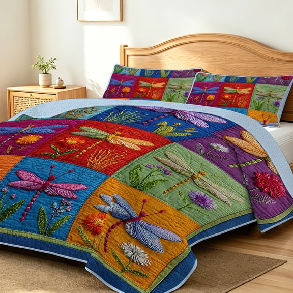 FIVERAM Dragonfly Quilt Set Queen Size,3 Piece Lightweight Bedspread for Queen Bed,Reversible Coverlet Bedding Set,Insect Bed Cover for All Season