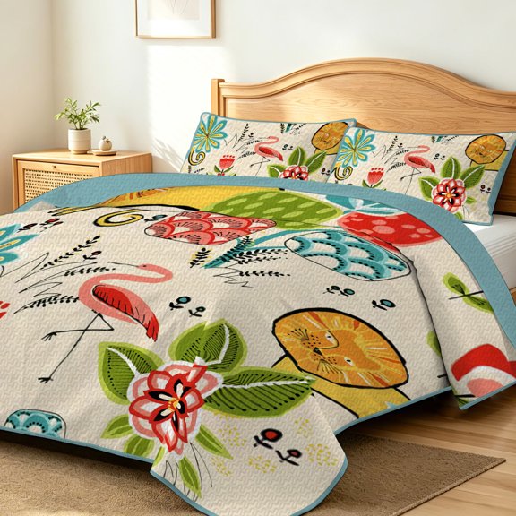 FIVERAM Flamingo Botanical Quilt Set Twin Size,2 Piece Bird Flower Bedspread for Twin Bed,Lightweight Coverlet Bedding Set for Bedroom Decor
