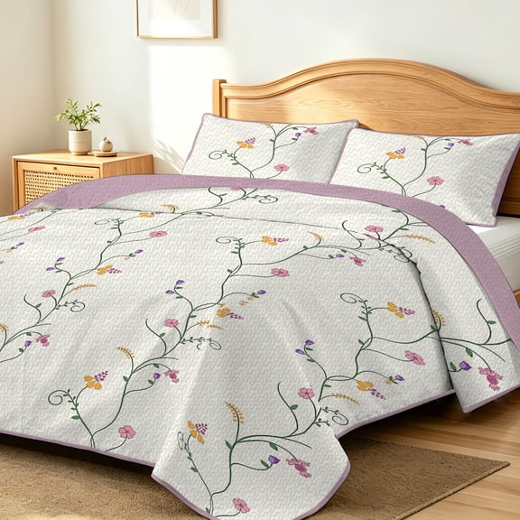 FIVERAM Lightweight Quilt Set Full/Queen Size,3 Piece Vine Wildflower Bedspread for Queen Bed,Reversible Coverlet Bedding for Dorm Bedroom Guest Room