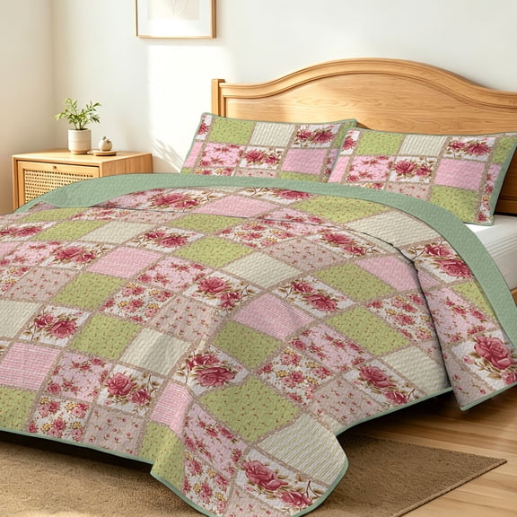 FIVERAM Patchwork Quilt Set Full/Queen Size,3 Piece Pink Green Rose Bedspread for Queen Bed,Lightweight Coverlet Bedding Set for Women All Season