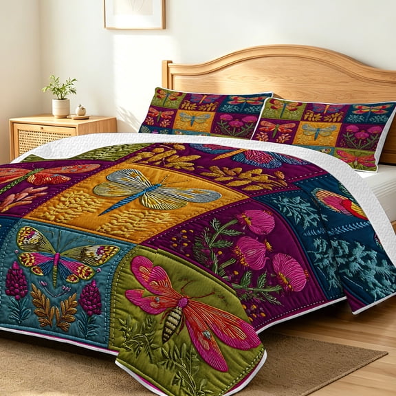 FIVERAM Patchwork Quilt Set Twin Size,2 Piece Colorful Folk‑Art Dragonfly Pattern Bedspread,Reversible Coverlet Bedding Set for Bohemian Bedroom Decor