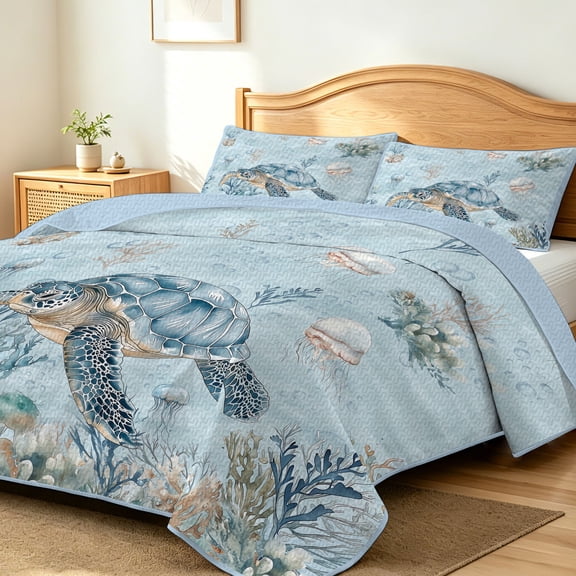 FIVERAM Sea Turtle Quilt Set Full/Queen Size,3 Piece Coastal Bedspread for Queen Bed,Lightweight Coverlet Nautical Bedding Set Beach House Bedroom