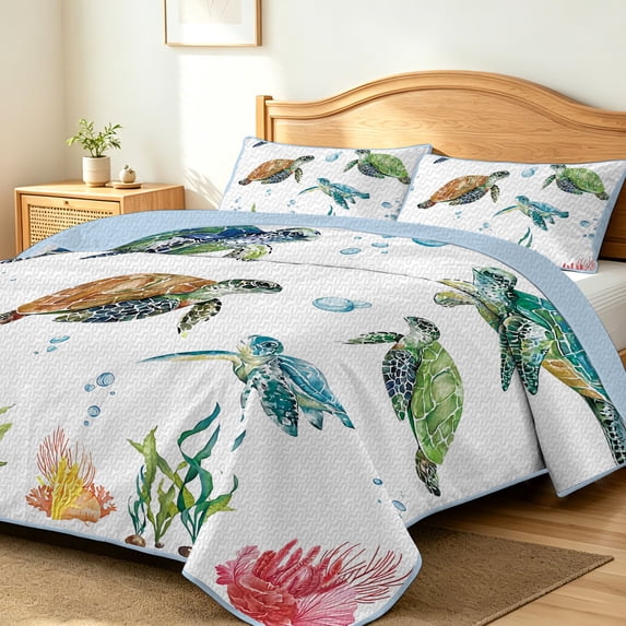 FIVERAM Sea Turtle Quilt Set Full/Queen Size,3 Piece Ocean Bedspread for Queen Bed,Lightweight Coverlet Coastal Bedding Set for Beach Bedroom Decor