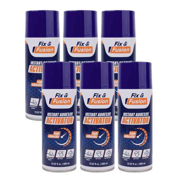 FIX & FUSION Activator Spray (13.5 Fl Oz), Instant Cure Accelerator for Cyanoacrylate (CA) Super Glue for Wood, Plastic, Rubber, Granite, and DIY & Professional, Accelerates Bonding Strength, 6 Pack