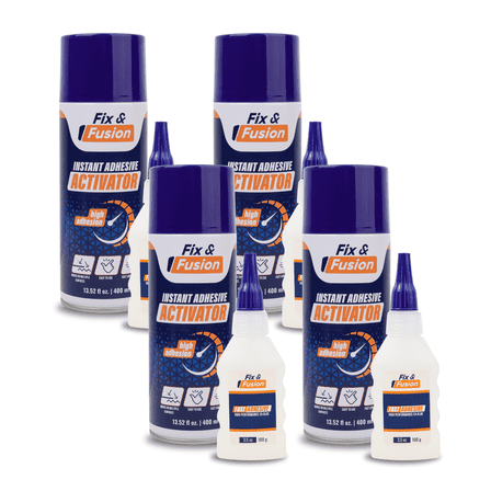 FIX & FUSION Ca Super Glue (0.88 Oz) with Activator Spray (3.38 Fl Oz) Set, Fast Adhesive/Cyanoacrylate Glue & Instant Activator for Woodworking, Plastic, Rubber, Granite, DIY & Industrial, (4 Pack)
