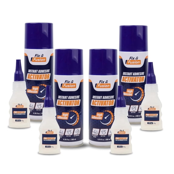 FIX & FUSION Ca Super Glue (1.77 Oz) with Activator Spray (6.76 Fl Oz) Set, Fast Adhesive/Cyanoacrylate Glue & Instant Activator for Woodworking, Plastic, Rubber, Granite, DIY & Industrial, (4 Pack)