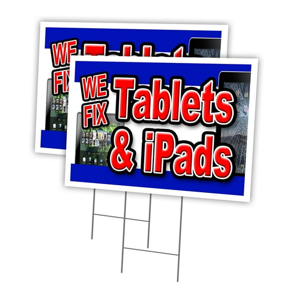 WE FIX TABLETS & IPADS 2 Pack Of 18" x 24" Yard Sign & Stake outdoor plastic window | Advertise Your Business | Stake Included Image On Front Only | Made in The USA
