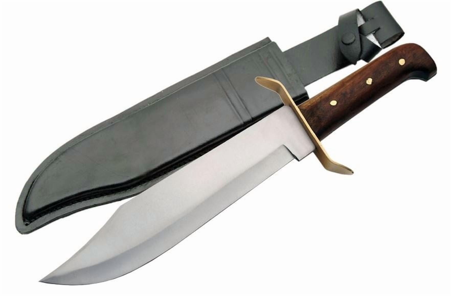 SZCO Supplies 15” Full Tang Bowie Style Fixed Blade Knife with Stainless Steel Blade, Wooden Handle, Brass Guard, and Leather Sheath