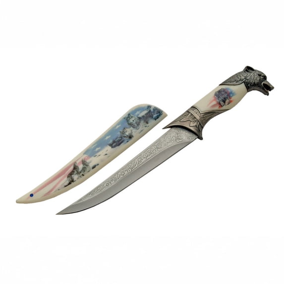 SZCO 13.5" Wolf Streak Decorative Knife, 8" Stainless Steel Blade with Wolf Head Pommel Handle, Collectible Display Piece with Printed Sheath
