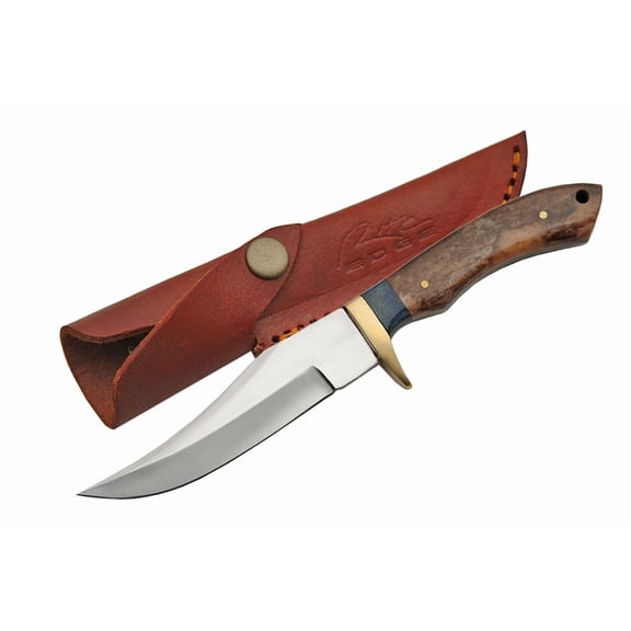 SZCO 8.25" Fixed Blade Hunting Knife, 4.25" Stainless Steel 8-Gauge Blade with Brown Bone Handle and Sheath for Outdoor Survival and Field Dressing