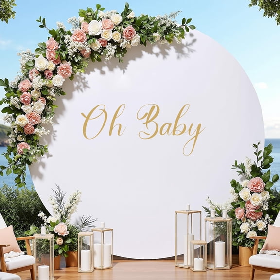 FIXORO 7.2FT White Round Backdrop Cover for 5-7.2ft Arch Stand with Oh Baby Decal Sign - Thick Fitted Spandex Arch Backdrop Cover for Baby Shower,Wedding Arch, Birthday Party and Photography A101