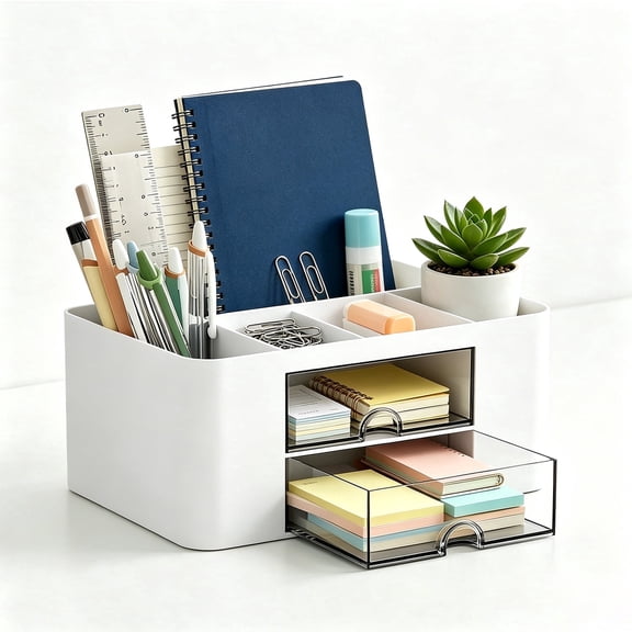 FIXPARTS Desk Organizer with 2 Drawers,Pen Holder for Desk Storage,Pen Boxes 5 Compartments(White)