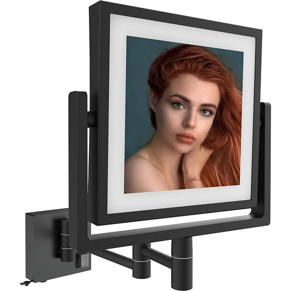 FIXSEN Rechargeable LED Illuminated Wall Mounted Double Sided Square Makeup Mirror, 3X Magnification,8 inch Swivel Bathroom, Matte Black
