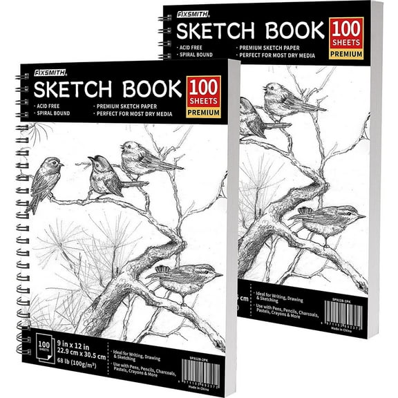 FIXSMITH 9"X12" Sketch Book x2, 100 Sheets Durable Acid Free Drawing Paper, Spiral Bound Artist Sketch Pad, Bright White