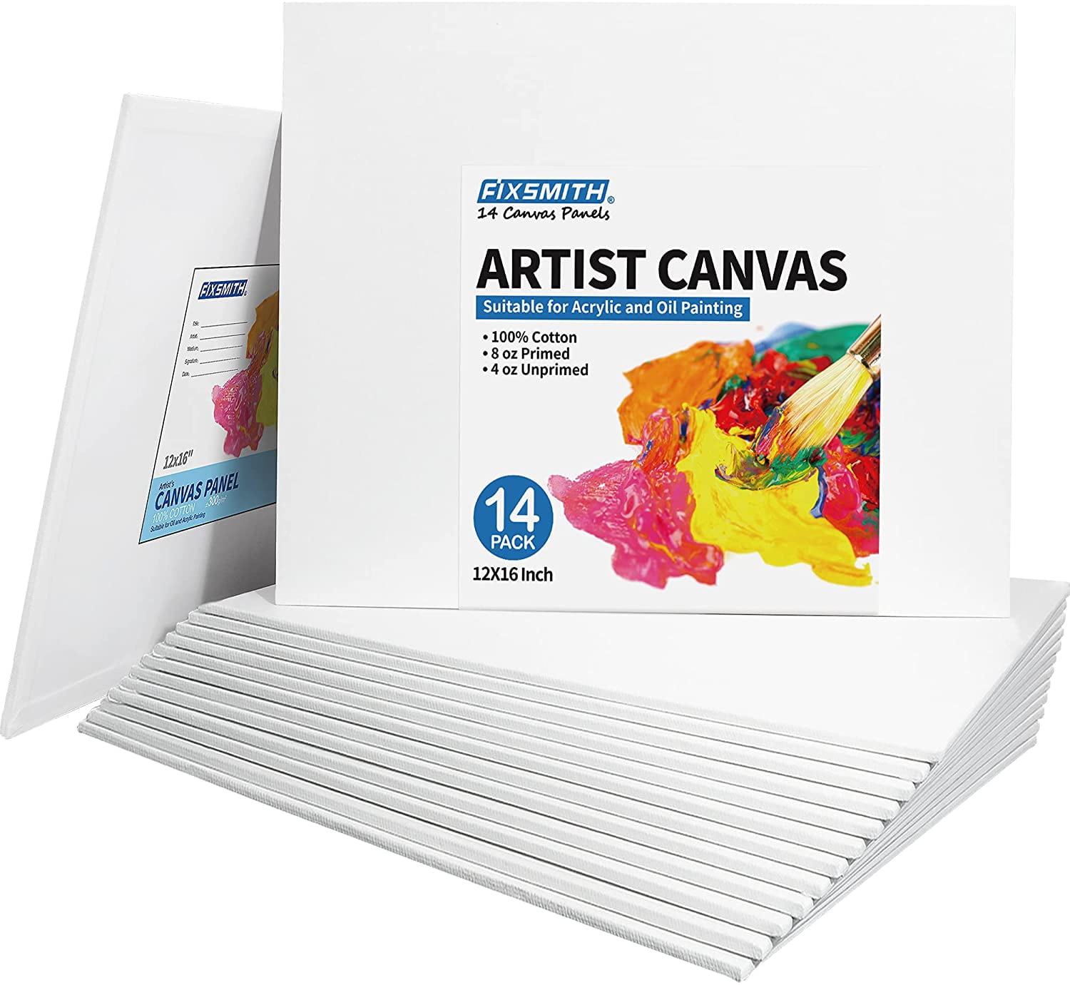 FIXSMITH Canvas Panels 14 Pack - 12 x 16 Inch Canvas Panel 100% Cotton Primed - Super Value Pack Canvas Board & Tempera Painting
