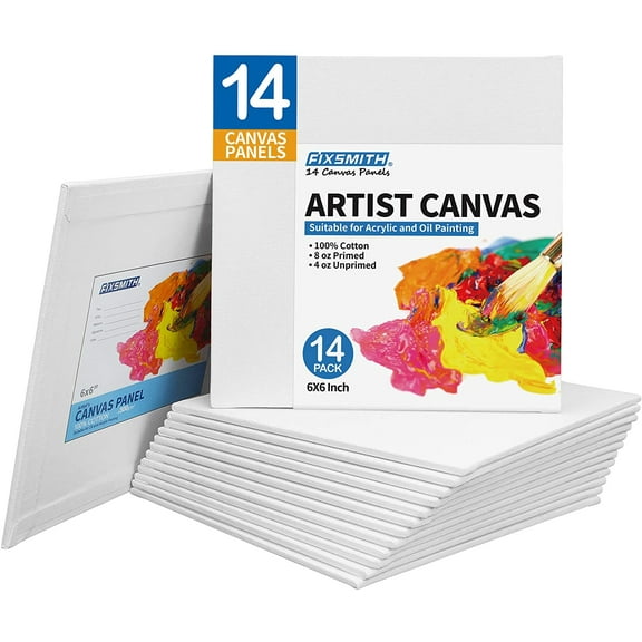 FIXSMITH Canvas Panels 14 Pack - 6 x 6 Inch Painting Canvas Panel Boards - 100% Cotton Primed Canvases - Super Value Pack - Artist Canvas Board for Acrylic, Oil & Tempera Painting