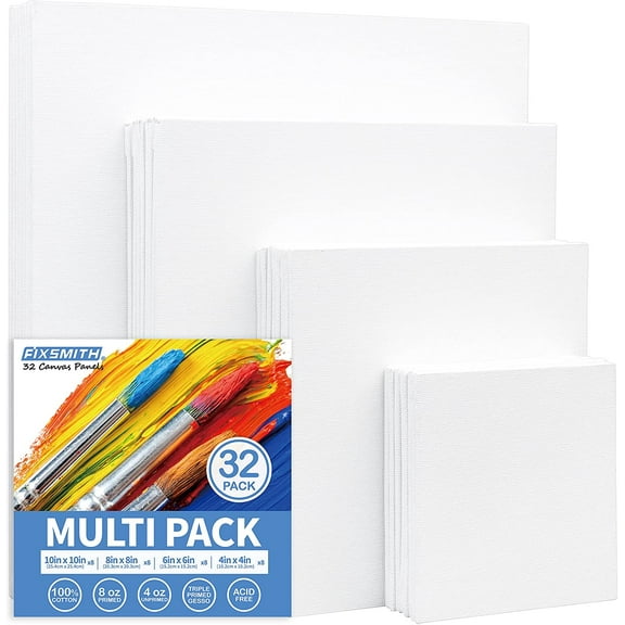FIXSMITH Painting Canvas Panels Multi Pack- 4x4,6x6,8x8,10x10 (8 of Each),32 Pack,100% Cotton,Primed White Canvases,for Acrylic,Oil,Other Wet or Dry Art Media,Art Gift