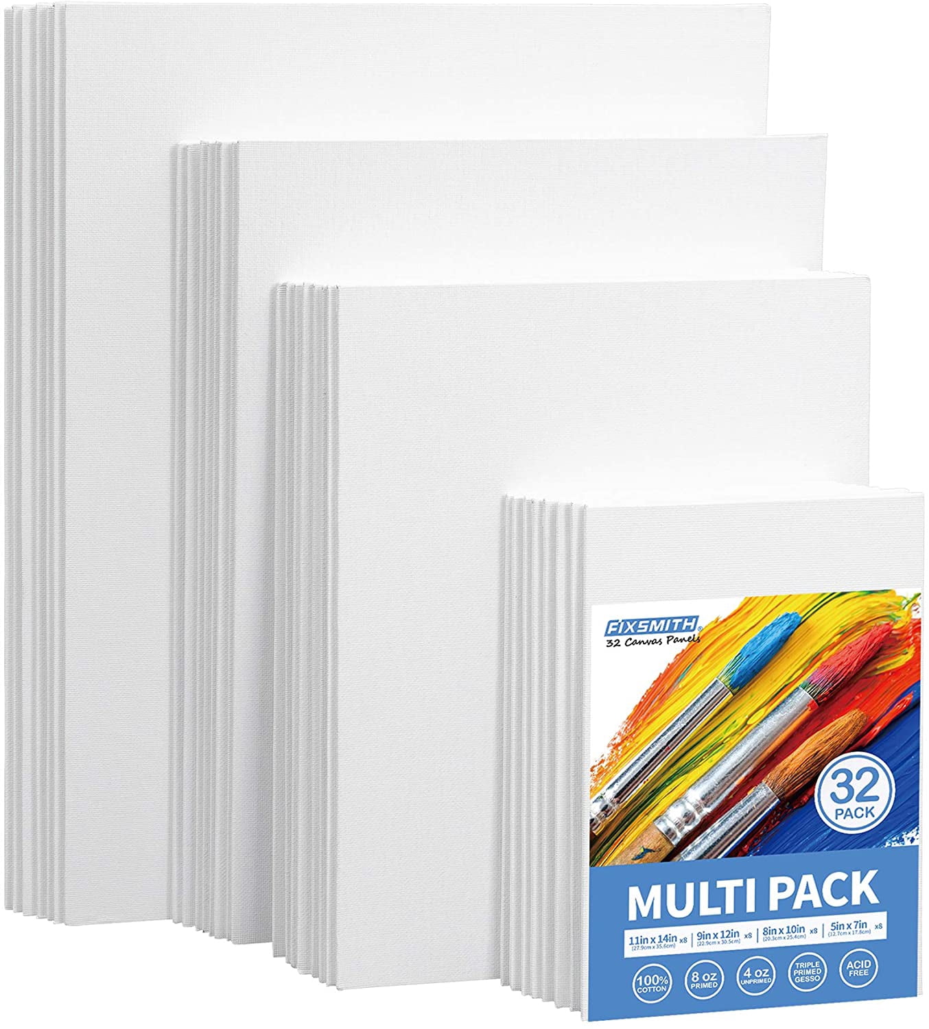 FIXSMITH Painting Canvas Panels Multi Pack- 5x7,8x10,9x12,11x14 (8 of Each),Set of 32,100% Cotton,Primed White Canvases,for Acrylic,Oil,Other Wet or Dry Art Media,Art Gift