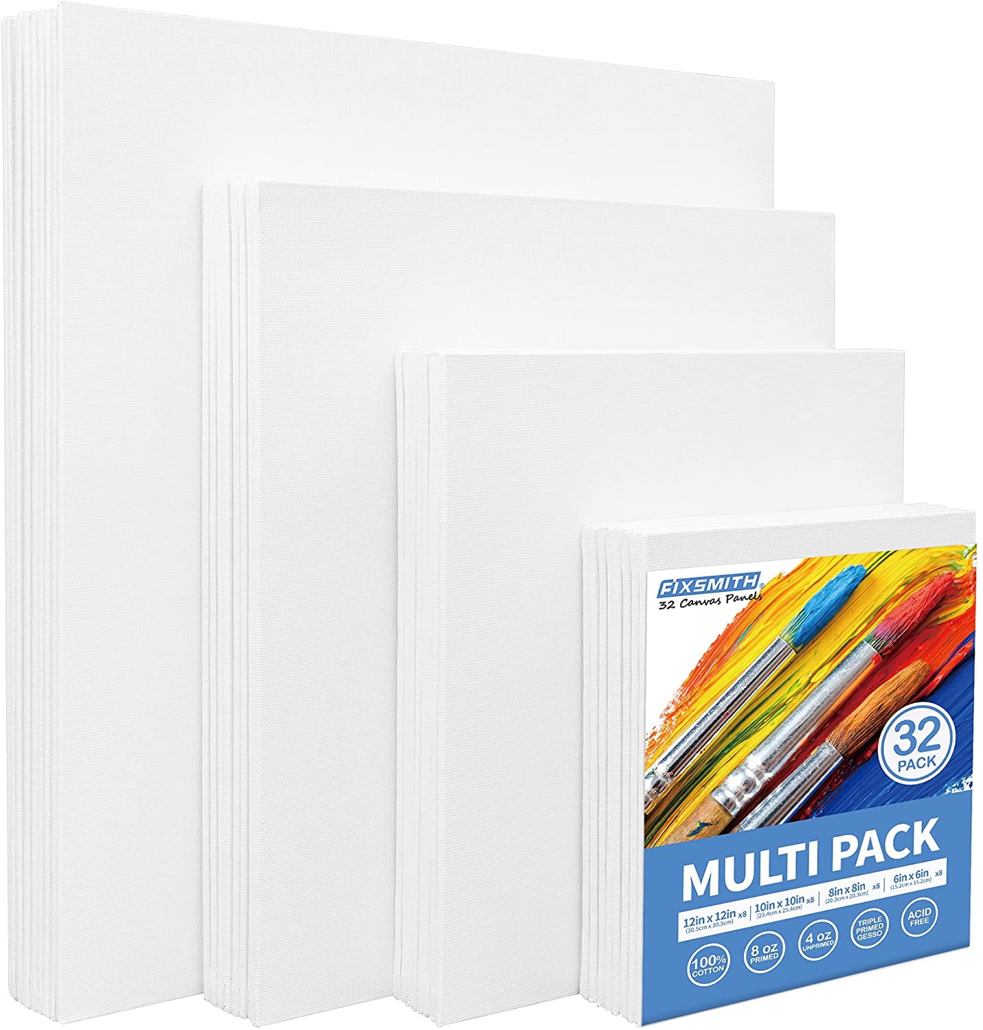 FIXSMITH Painting Canvas Panels Multi Pack- 5x7,8x10,9x12,11x14 (8 of Each),Set of 32,100% Cotton,Primed White Canvases,for Acrylic,Oil,Other Wet or