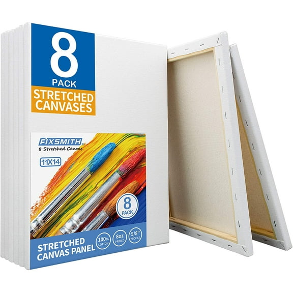 FIXSMITH Stretched White Blank Canvas- 11"x 14", 8 Pack, Primed,100% Cotton, 5/8 Inch Profile of Super Value Pack for Acrylics, Oils & Other Painting Media.
