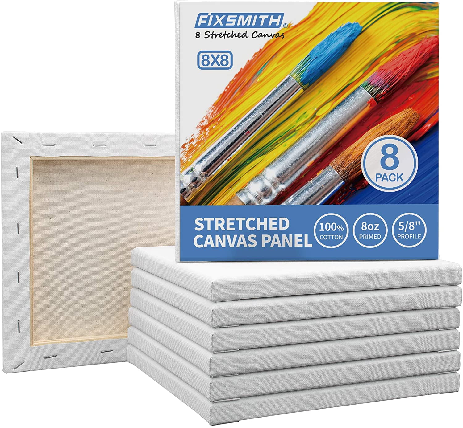 FIXSMITH Stretched White Blank Canvas- 8"x 8", 8 Pack, Primed,100% Cotton, 5/8 Inch Profile of Super Value Pack for Acrylics, Oils & Other Painting Media.