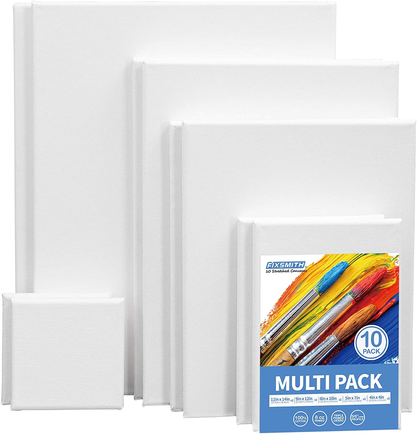 FIXSMITH Stretched White Blank Canvas- Multi Pack 4x4,5x7,8x10,9x (2 of Each),Set of 10,100% Cotton,Primed,for Acrylic,Oil,Other Wet or Dry Art Media,for Artists,Kids,Beginners and More. Multipack-10 PK