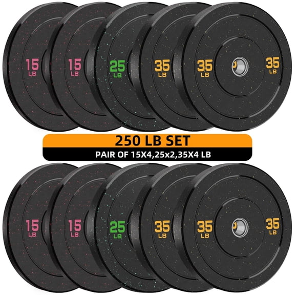 FIXTECH 2-Inch Bumper Plates High Bounce, Olympic Weight Plate Set 250lb, Barbell Weight Plates Set for Home Gym, Colored Weights Rubber Strength Training Plate for Weight Lifting