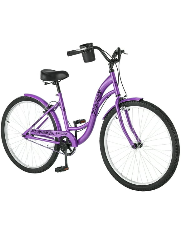 FIXTECH 26 Inch Beach Cruiser Bike for Women, Single Speed With Perfect Fit Frame, Purple