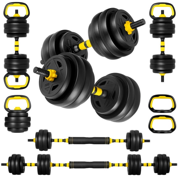 FIXTECH 66 Lbs Adjustable Weight Dumbbell Barbell Set, 4-In-1 Free Weight Combination with Curved Bar Connector for Women Men Workout Fitness, Yellow