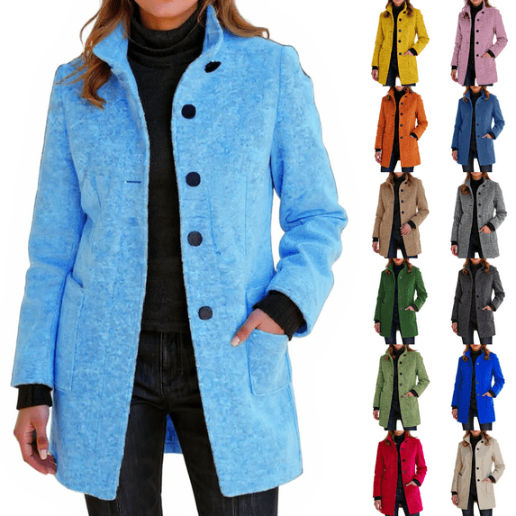 FIYMEKI Long Pea Coats for Women Winter Stand Collar Long Sleeve Single ...