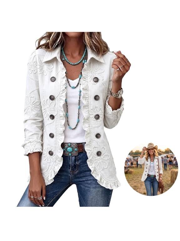 Ruffle Jacket for Women Button Ruffle Trim Retro Light Jackets Chic Ruffled Double-Breasted Boho Embroidery Jacket