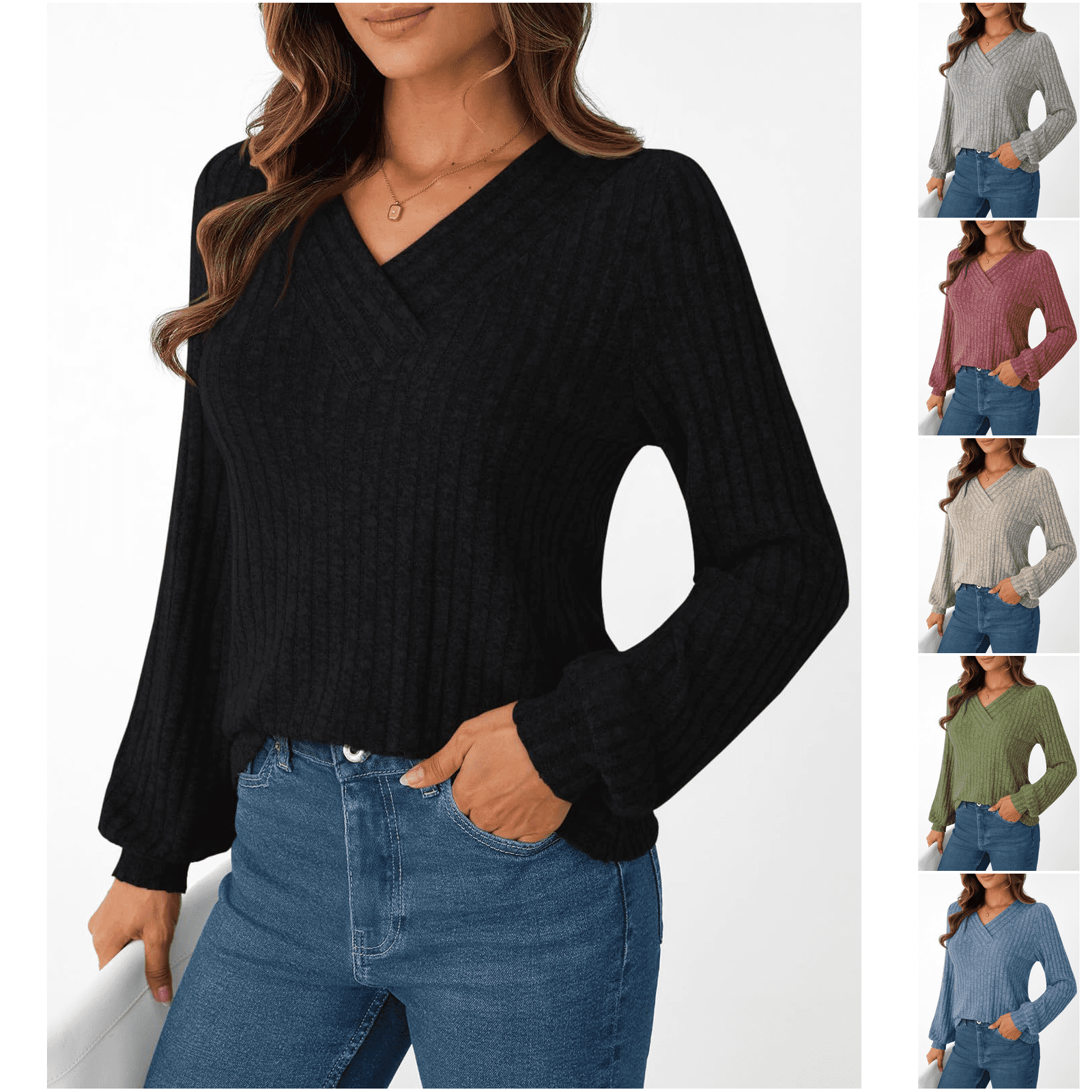 FIYMEKI Women Basic Daily Top V‑Neck Long Sleeve Pullover Ribbed Detail ...