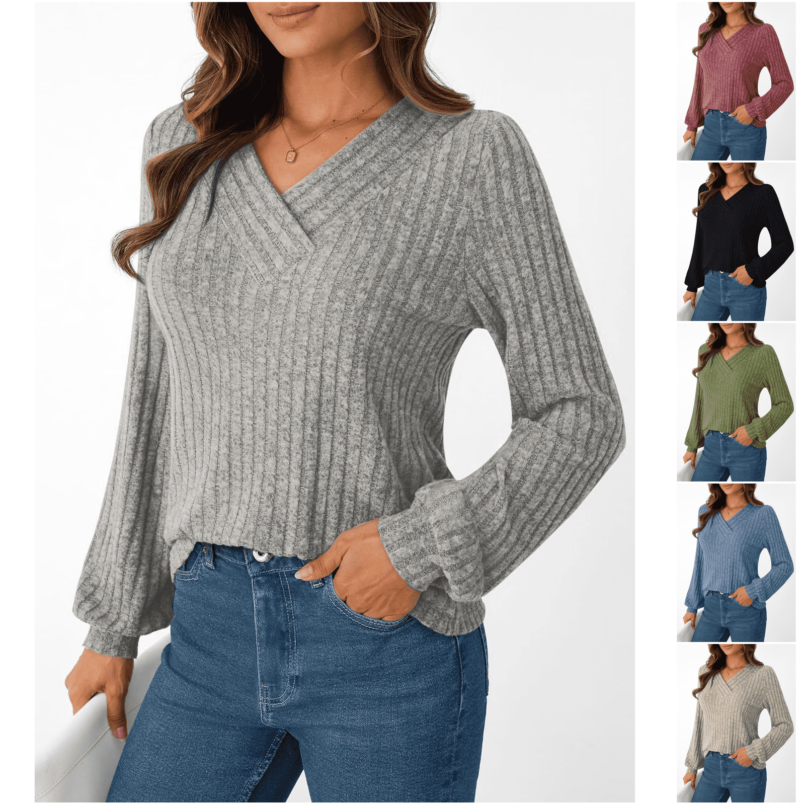 FIYMEKI Women Basic Daily Top V‑Neck Long Sleeve Pullover Ribbed Detail ...