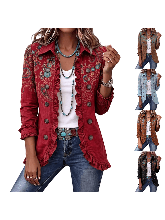 Women Fall Bohemian Shirt Jacket Paisley Floral Ruffle Placket Double Breasted Long Sleeve Lapel Casual Outer Coat