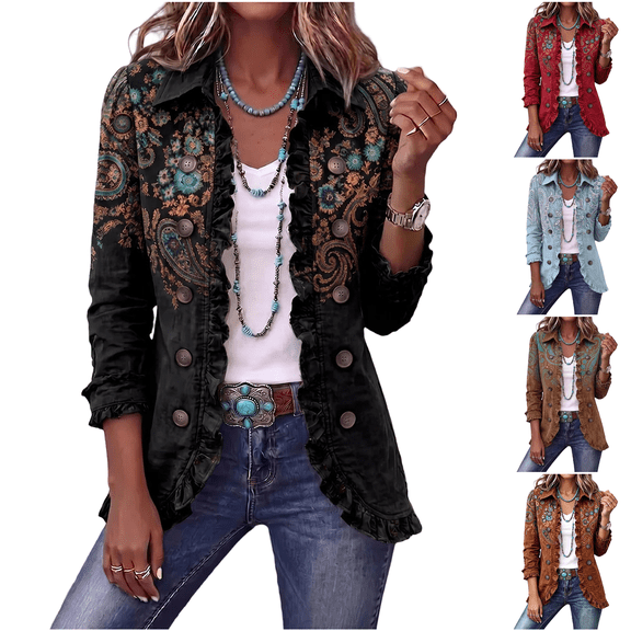 FIYMEKI Women Fall Bohemian Shirt Jacket Paisley Floral Ruffle Placket Double Breasted Long Sleeve Lapel Casual Outer Coat