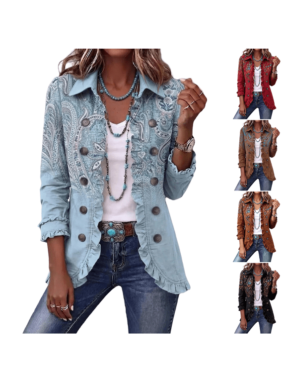 Women Fall Bohemian Shirt Jacket Paisley Floral Ruffle Placket Double Breasted Long Sleeve Lapel Casual Outer Coat