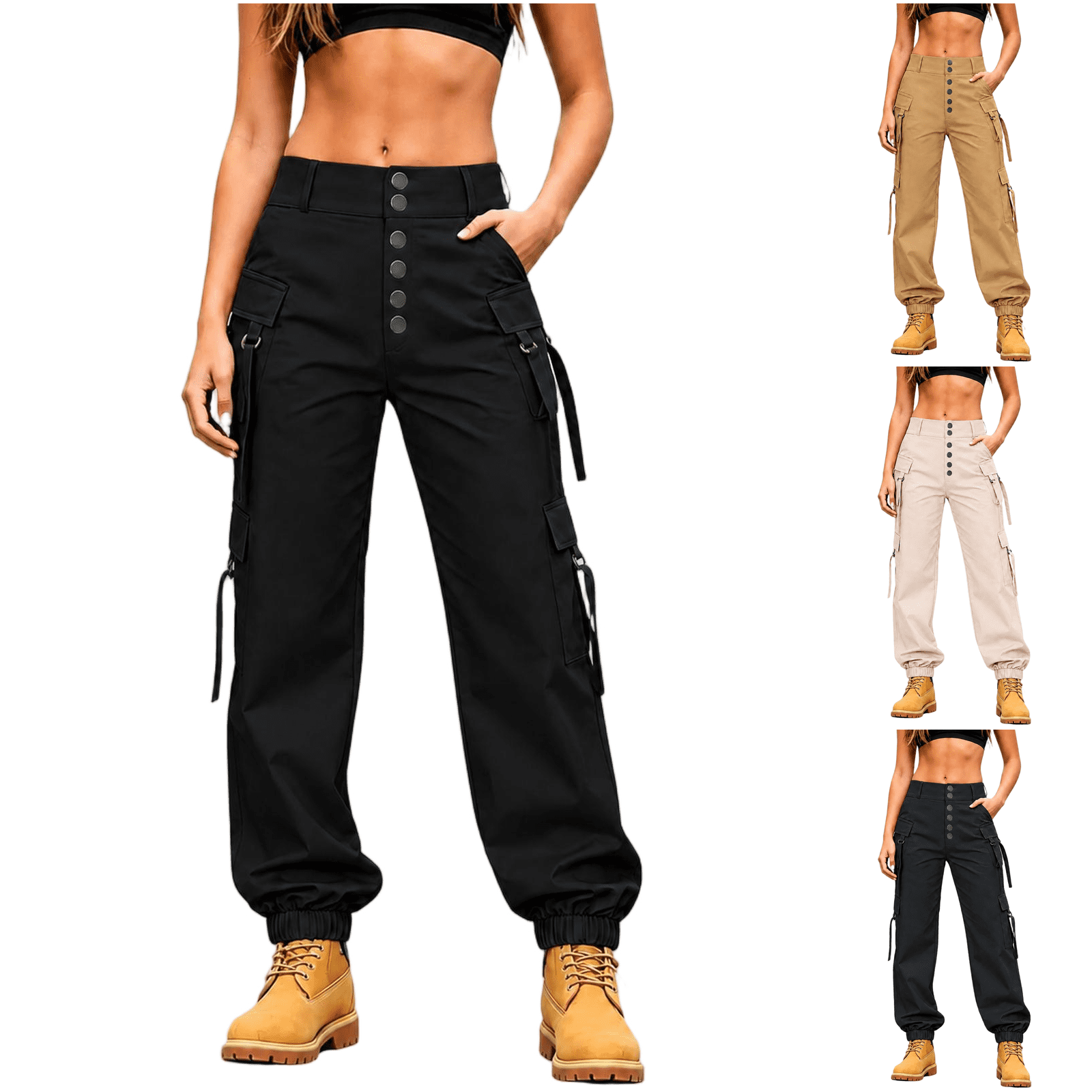 FIYMEKI Women's Cargo Trousers with Multi-Pockets High Rise Tapered ...