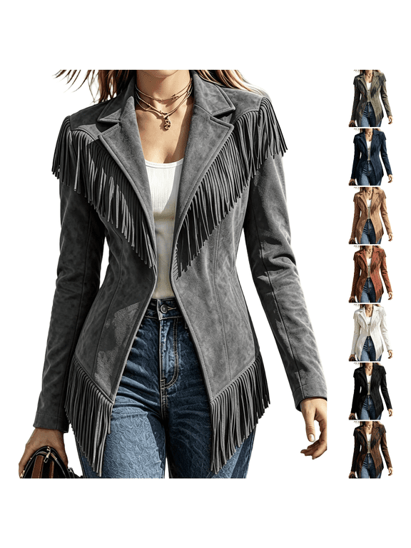 Women's Suede Fringe Jacket Lapel Blazer Style Open Front Long Sleeve Western Cowgirl Casual Fashion Outerwear