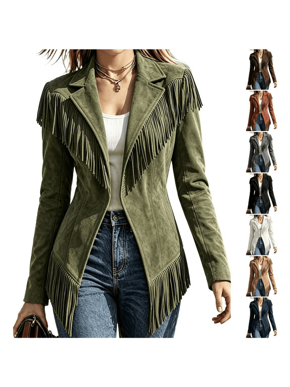 Women's Suede Fringe Jacket Lapel Blazer Style Open Front Long Sleeve Western Cowgirl Casual Fashion Outerwear