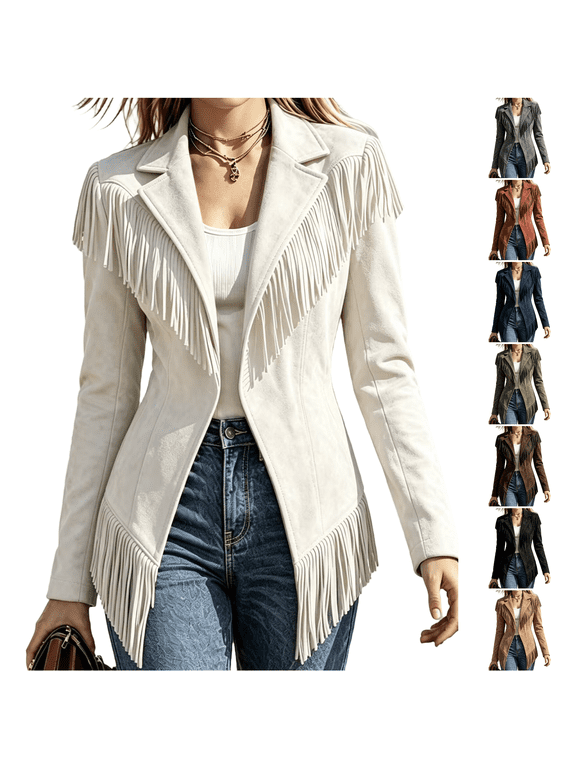 Women's Suede Fringe Jacket Lapel Blazer Style Open Front Long Sleeve Western Cowgirl Casual Fashion Outerwear
