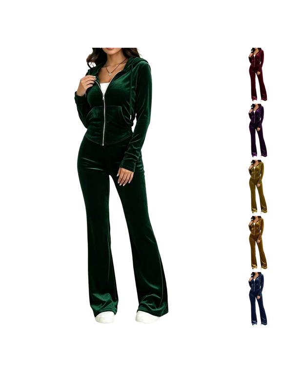 Women's Velour 2 Piece Sweatsuit Set Zip Up Hoodie Jacket and Flare Leg Sweatpants Outfits Y2K Loungewear Tracksuit