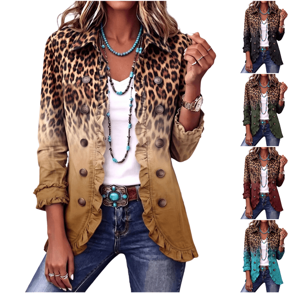 FIYMEKI Womens Denim Jacket Western Oversized Ruffle Jacket Leopard Gradient Casual Jacket Lapel Collar Button Down Tops
