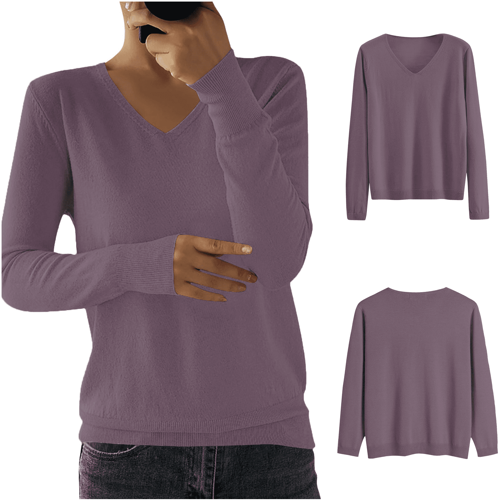 FIYMEKI Womens V Neck Long Sleeve Sweater Layering Top Solid Color ...