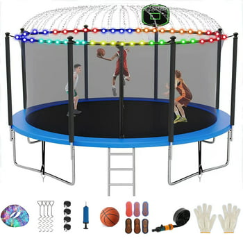 FIZITI 12FT 990LBS Trampoline for Adults/Kids,Outdoor Trampoline with Enclosure Net,Basketball Hoop,Sprinkler,LED Light,Socks,Wind Stakes,Ladder,Recreational Trampoline for Backyard