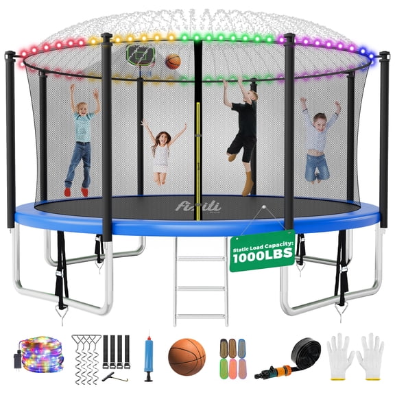 FIZITI 12FT 1000LBS Trampoline for Adults/Kids,Outdoor Trampoline with Enclosure Net,Basketball Hoop,Sprinkler,LED Light,Socks,Wind Stakes,Ladder,Recreational Trampoline for Backyard